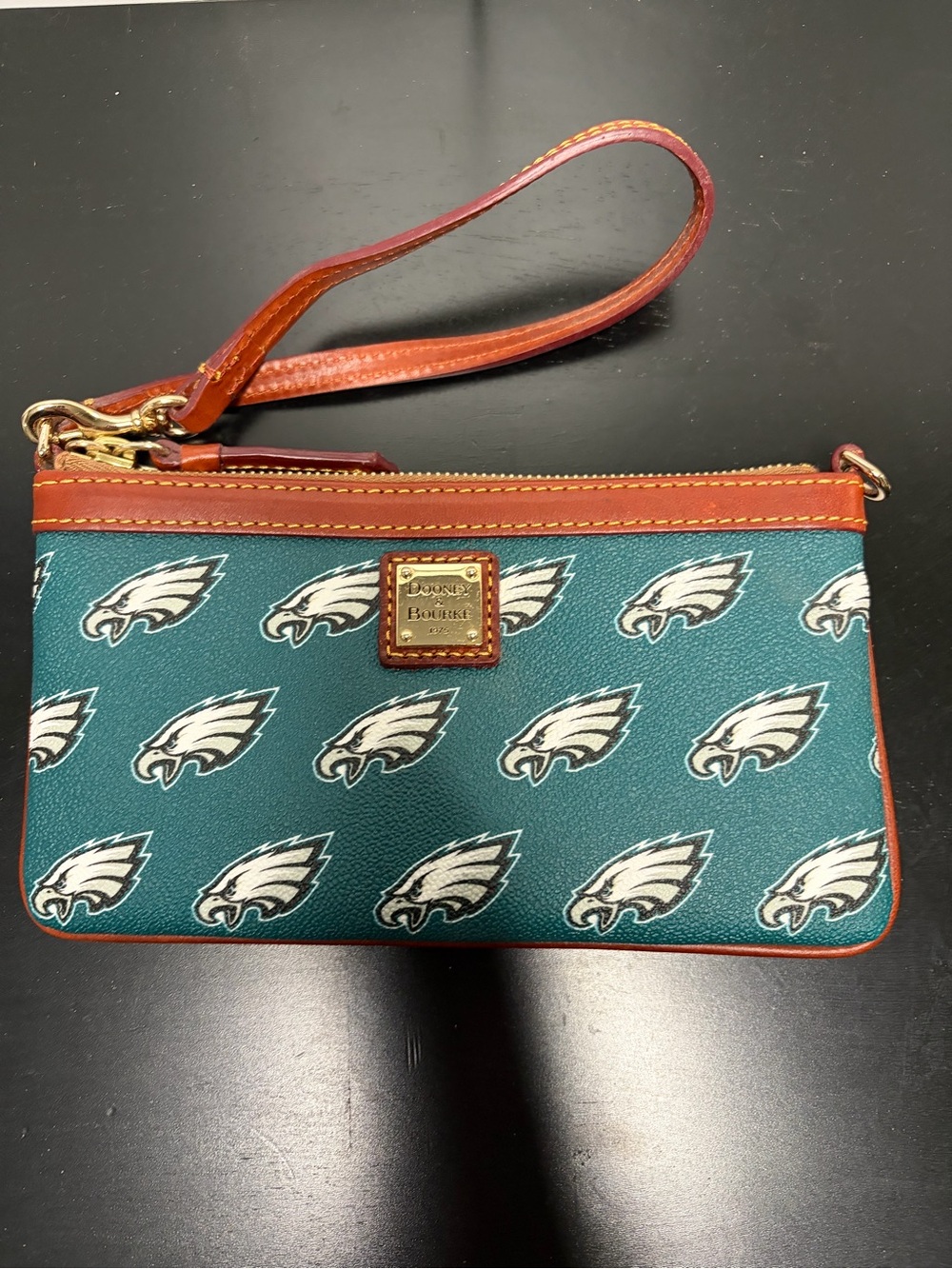Dooney & Bourke Teal Philadelphia Eagles Logo Wristlet with Brown Leather Trim - Picture 2 of 8